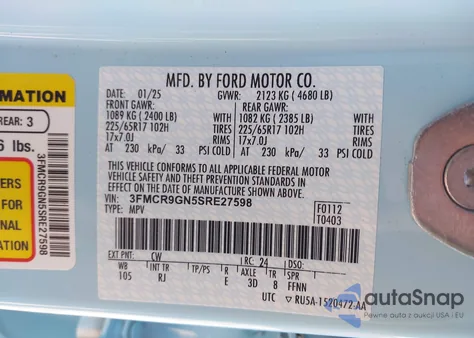 2025 Ford Bronco Sport Heritage z USA, uszkodzony, nr VIN 3FMCR9GN5SRE27598